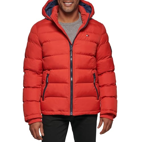 Tommy Hilfiger Men’s Hooded Puffer Jacket, Orange Burst, X-Large