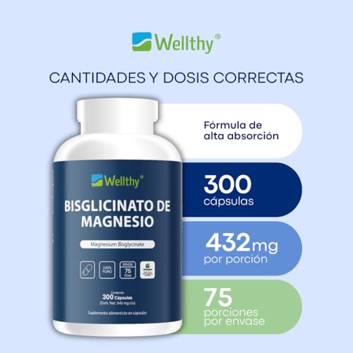 Wellthy Bisglicinato de Magnesio 300 Cápsulas 432mg. 100% Natural, Alta Absorción, VCaps Cápsulas Veganas.