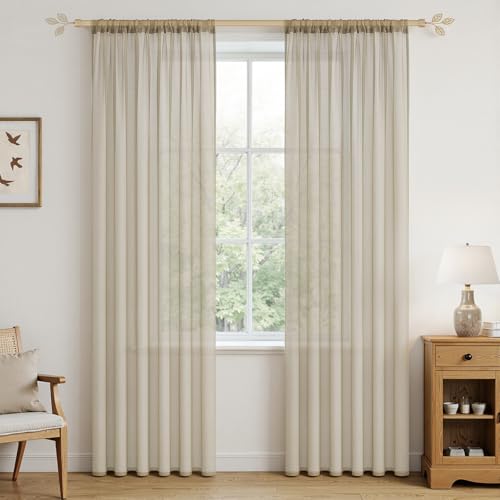 MRTREES Voile Curtains 96 Drop 2 Panels Faux Linen Rod Pocket Sheer Curtain Panel for Bedroom Living Room Patio Door 55x96 Drop 140cm x 245cm Biscuit — image 1