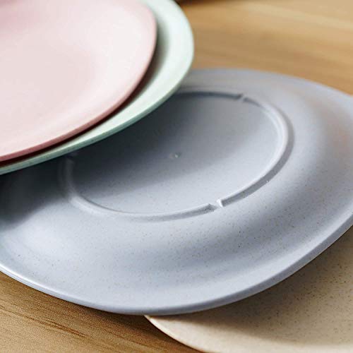 Saike 7.3\'\' 4Pack Wheat Straw Plates Set, Unbreakable Dishwasher and Microwave Safe Plates, Wheat Plates with Forks and Spoons
