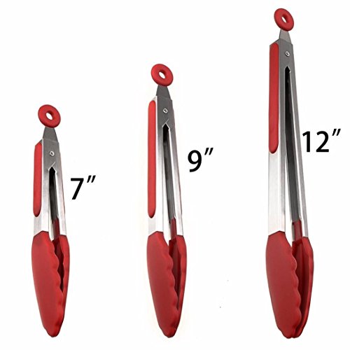 Tiean New 3pcs Kitchen Tongs Heat Resistant Cooking Tongs With Silicone Tips (Red)