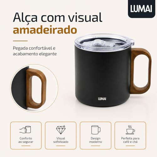 LUMAI Caneca Térmica 350ml Inox com Tampa Antivazamento Premium - Preta | Caneca de Café Caraíva, Aço Inox 304, Parede Dupla com Isolamento Térmico, Alça Estilo Madeira, Bebidas Quentes ou Frias