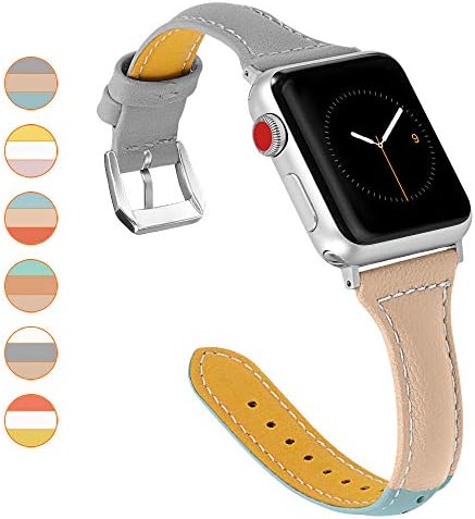 oceBeec Compatible for Apple Watch Band 38mm 40mm, iWatch Band Slim Genuine Leather Wristband Replacement Strap for iWatch Bands Series 4, Series 3, Series 2, Series 1 (Grey/Apricot/Blue-38mm/40mm)
