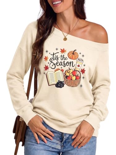 Tis the Season Long Sleeve Shirt Women Cute Off Shoulder Fall Graphic Tops at Amazon