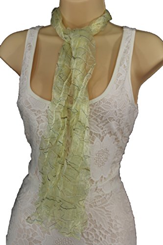 TFJ Women Fashion Neck Scarf Long Sheer Striped Fabric Touch Greenish Light Yellow (Greenish Yellow)