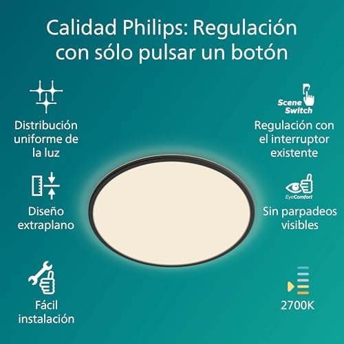 - Luz de teto Philips Superslim, candeeiro de teto LED funcional, cor preta, luz branca quente regulável, 27K - 18W