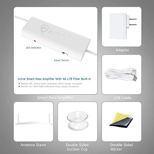 [2020 Version] TV Antenna,ANTOP Super Thin HDTV Digital Indoor Antenna Smartpass Amplifier 360 Reception Support 4K 1080p VHF UHF Free Television Local Channels 4G LTE Fliter,10ft Longer Coax Cable