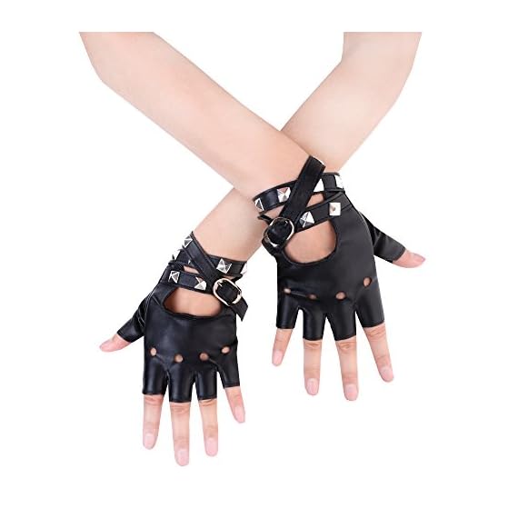JISEN-Women-Punk-Rivets-Belt-Up-Half-Finger-PU-Leather-Performance-Gloves-Black