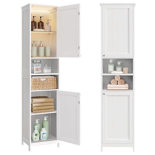 VASAGLE Badezimmerschrank mit Beleuchtung, hoch, schlanker Badschrank, Aufbewahrungsschrank mit verstellbaren Ablagen, für kleine Räume, modern, 40 cm