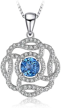 Splendid Flower 1ct Natural London Blue Topaz 925 Sterling Silver Pendant Necklace