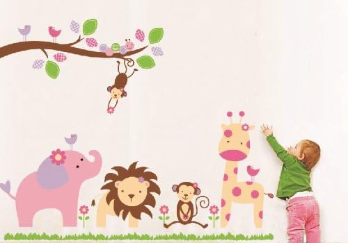 Cartoon Jungle wild animal tree bridge lion Giraffe elephant birds flowers wall stickers for kids room home Decoration