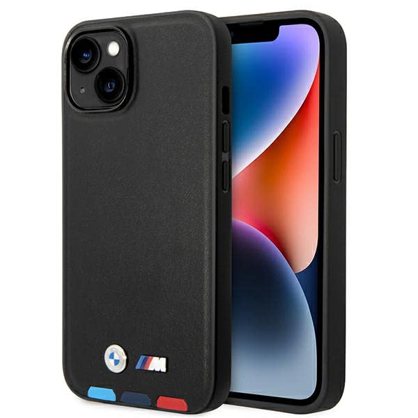 BMW BMHMP14S22PTDK Phone Case for iPhone 14 6.1 Inch Black Leather Stamp Tricolour