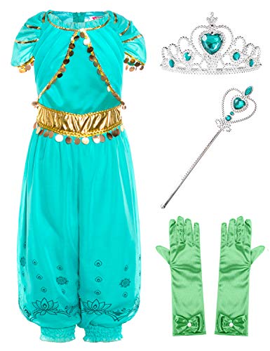 Joy Join Princess Jasmine Costume Outfit for Toddle Girls Birthday Halloween Party with Gloves,Crown,Wand Accessories 3t 4t