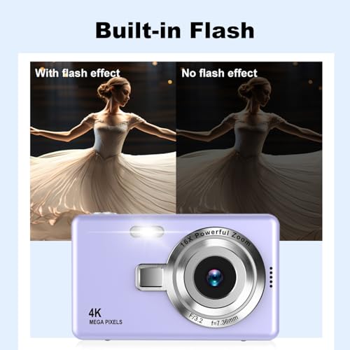Digital Camera, 4K Autofocus 50MP Child Camera, 16X Zoom, Flash, Anti-Shake, Portable Compact Digital Cameras Small Ready to Shooter for Kids Adults Beginners