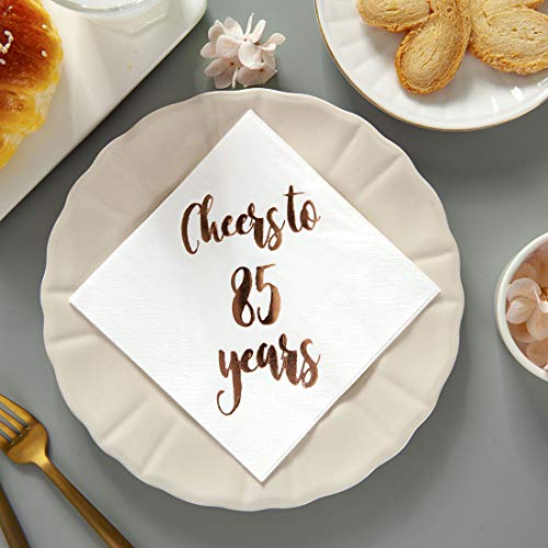 Cheers to 85 Years Cocktail Napkins, 50-Pack 3ply White Rose Gold 85th Birthday Dinner Celebration Party Decoration Napkin