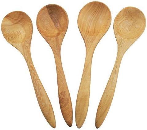 7 Inches White Wood Wooden Soup Spoons Round Scoop Ladle Kitchenware Utensils, Set of 4