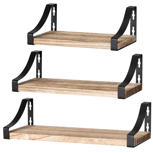 Pipishell Set of 3 Wall Shelves, Wood and Metal Wall Shelves, Rustic Metal Wire Storage Shelves, Maximum Load 10 kg (Brown)