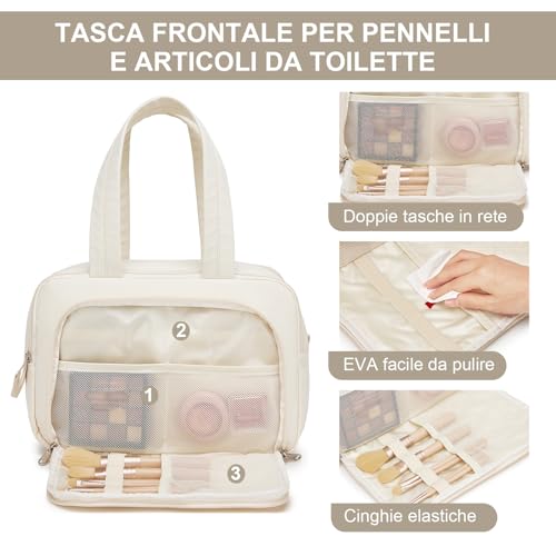 Kono Women's Large Travel Cosmetic Bag, Makeup Bag, Wide Opening, Makeup Bag and Accessories, Waterproof, beige, Minimalist