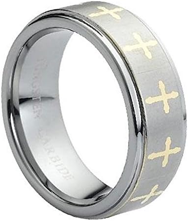 8mm Step Edge Two Toned Gold Plated Christian Catholic Crosses Tungsten Carbide Wedding Band - Size 15
