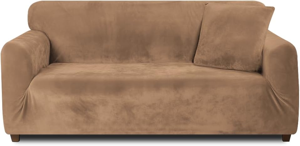 Teynewer Thick Velvet Sofa Covers 1 Seater Khaki High Stretch Non-Slip