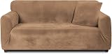Teynewer Thick Velvet Sofa Cover 4 Seater Khaki High Stretch Non-Slip