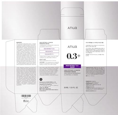 ANUA Retinol 0.3 Niacin Renewing Serum, For Anti-Aging with Hydration, Textured & Glass skin, 5% Niacinamide, Retinol For Face, Gentle for Beginner, Korean Skin Care, 30ml /1.01 fl.oz.