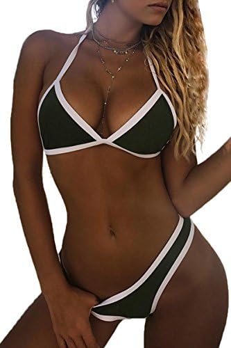 VNOOK Women's Sexy Triangle Bikini Sets Halter Brazilian Swimsuit Beach Swimwear Army Green L