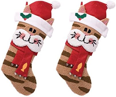 Glitzhome 2個 3d 猫 クリスマスストッキング 大型ストッキング付き クリスマスキャラクター 家族 休日 パーティーデコレーション