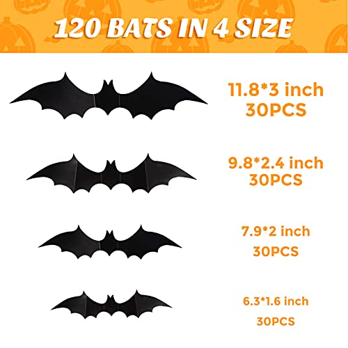 LOVEINUSA Plastic 3D Bat Decals, 120 PCS Bats Wall Decor Large Black Scary Bats Removable Bat Decoration for Indoor Outdoor Halloween Wall Decorations