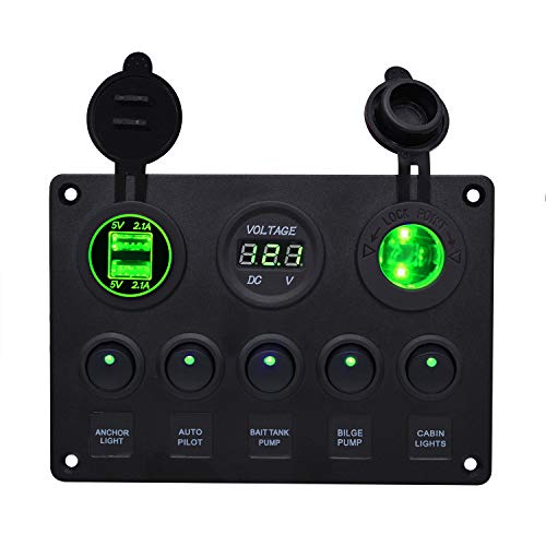 WUPP Marine Boat Rocker Switch Panel 5 6 8 Gang Waterproof ON Off Toggle Switches with Digital Voltage Display 3.1A Double USB Power Charger Adapter 12V Cigarette Lighter Socket for Car Truck Jeep