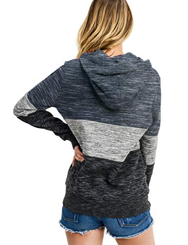 Women's Ultra Soft Fleece Tri-Color Block 1/4 Zip-Up Pullover Hoodie Sweatshirt, Marled Midnight Blue, X-Small