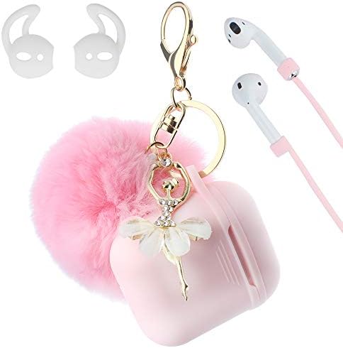 XORDING AirPods Case/Fluffy Fur Ball Keychain/Cute/Anti-Lost Strap/Ear Hook Grips/Gift for Girls, Lady, Silicone Skin and Cover/Accessories for Apple AirPods (Pink)