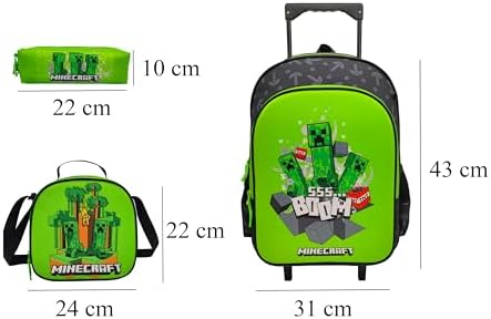 Minecraft Funktionales Trolley-Set, für Schule, Reisen, 3-teilig, Lunchbox, Grün, offizielles Produkt