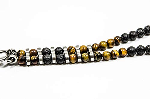 Handgefertigte Halskette Rosenkranz Totenkopf Kette für Männer Herren aus Lava Vulkan Tigerauge Halbedelstein Bikerkette aus Edelstahl Y Kette Unisex – Bild 4
