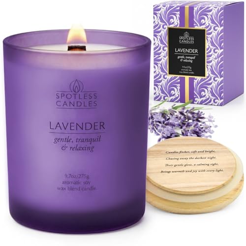 Lavender Scented Candle 275g: 55 Hrs Burn Time - Lavender Scented Candles in Frosted Glass Jar with Wooden Crackling Wick in a Luxurious Gold Foil Lined Gift Box by Spotless Leopard — image 1