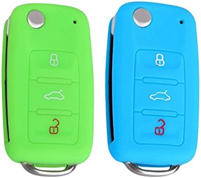 2 Pack VW SKODA SEAT 3 Buttons Silicone Car Key Protection Case / Car Key Cover / Fob Holder(Luminous Blue+Luminous Green)