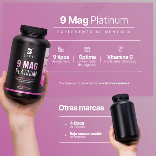 Mezcla de Magnesios Premium con 240 Cápsulas 1100 mg por poción. Adicionado con Colágeno Hidrolizado y Vitamina C. 9 Mag Platinum B Life.