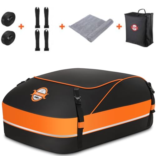 Sailnovo 430L Waterproof Foldable Soft Car Roof Box, Car Roof Bag for Travel with Reinforced Straps/Door Hooks (15 CU.ft, Non-Slip Mat, 4 Hooks, Orange)