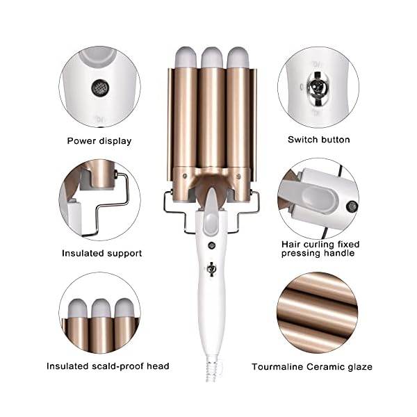Hair-Curler-Yalixuan-3-Barrel-Hair-Waver-25mm-Hair-Curling-Wand-with-Heat-Resistant-Glove-and-2-Hair-Clips-2-Temperature-Mode-Control-for-Long-or-Short-Hair-Hot-Pressing-Styling-Tool-White-Gold Hair Curler, Yalixuan 3 Barrel Hair Waver, 25mm Hair Curling Wand with Heat-Resistant Glove and 2 Hair Clips, 2…