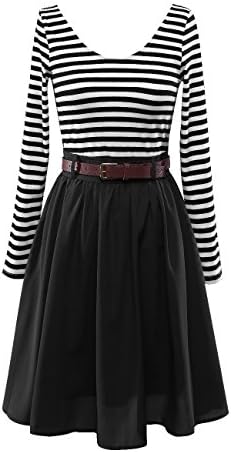 FSOOG Women's Vintage Stripe Scoop Neck Long Sleeve Casual Swing Dress L BLACK