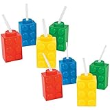 Fun Express Color Building Brick Party Molded Cups with Straw & Lid (8 Count)