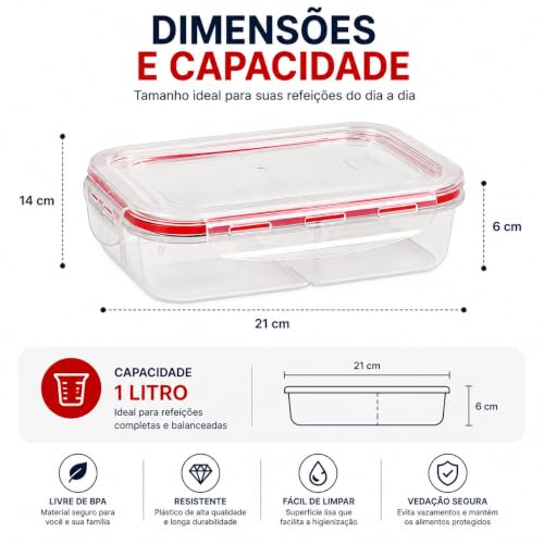 Potes Marmita Hermetica Com Divisorias Fitness 1l Com Travas Freezer Microondas Plastico Resistente Marmitas