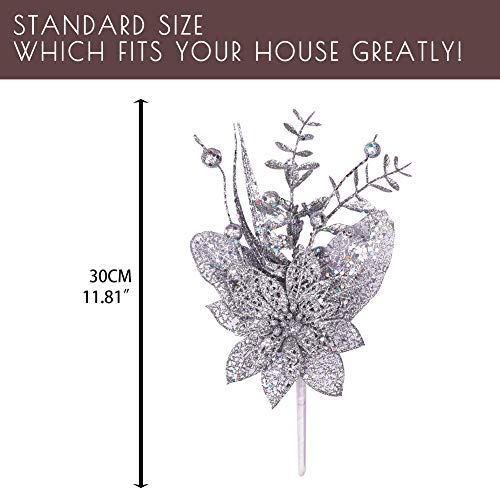 Valery Madelyn 6 Packs Silver Glitter Christmas Decorations with Artificial Christmas Flower and Leaf for Christmas Decoration and Home Decor