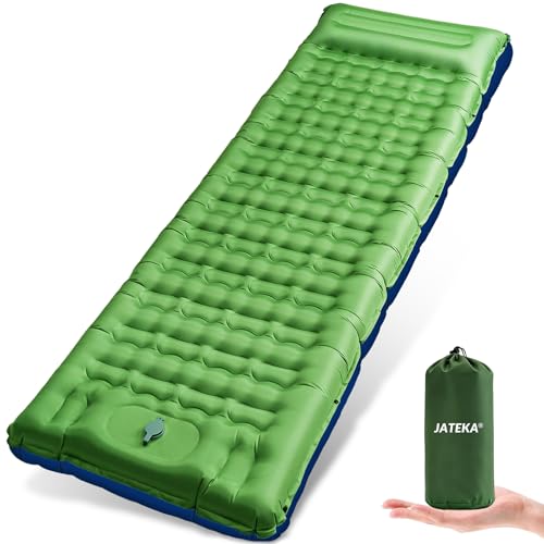 JATEKA Inflatable Camping Mattress Ultra Light with Integrated Cushion 14 cm Single Inflatable Mattress for Outdoor Travel Beach Camping Mattress Light Blue Green