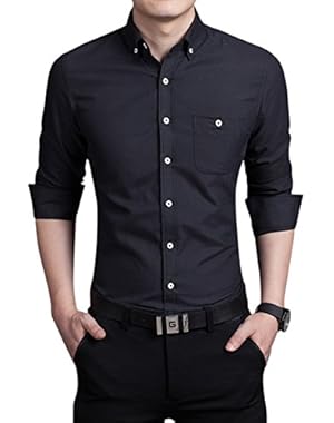 Men's Basic Collared Long Sleeve Dress Shirt One-Pocket