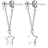 Reffeer Solid 925 Sterling Silver Star Chain Drop Earrings Dangle for Women Teens Small Star Drop Earrings Studs