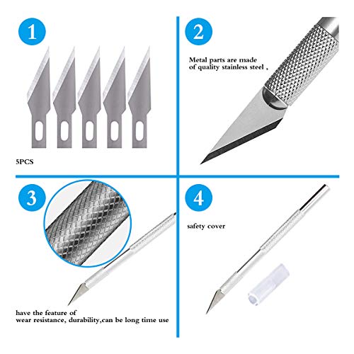 PLANTIONAL Metal Leather Skiver Set, 5 Kinds of Leather Working Tool with 6 Pieces Sharp Skiver, Safety Beveler DIY Cutting Tool Kits for Craft Making