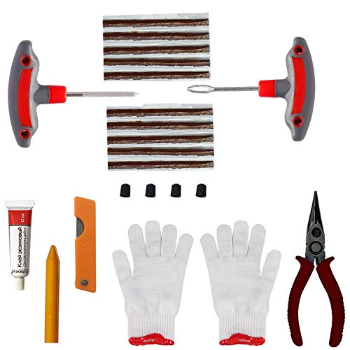 AllExtreme EX-5001 9 in 1 Universal Tubeless Tire Puncture Repair Kit Emergency Flat Tyre Puncher Patch Tool Box (T Handle Grips + Rubber Glue + 10 Seal Strips + Nose Pliers + Gloves + Cutter)