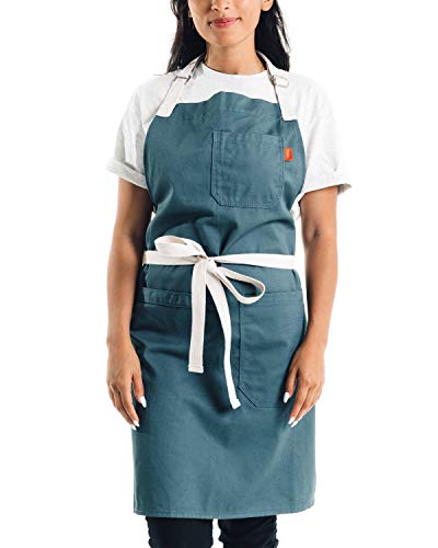Caldo Cotton Kitchen Apron - Mens and Womens Professional Chef Bib Apron - Adjustable Straps with Pockets and Towel Loop (Spruce)