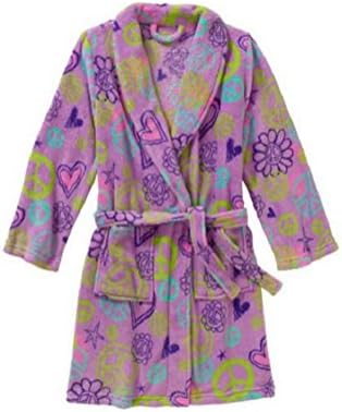 Girls Plush Peace Signs &amp; Flowers Purple Bathrobe Size Medium 7/8